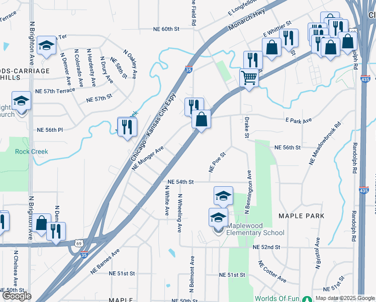 map of restaurants, bars, coffee shops, grocery stores, and more near 6121 Northeast Vivion Road in Kansas City