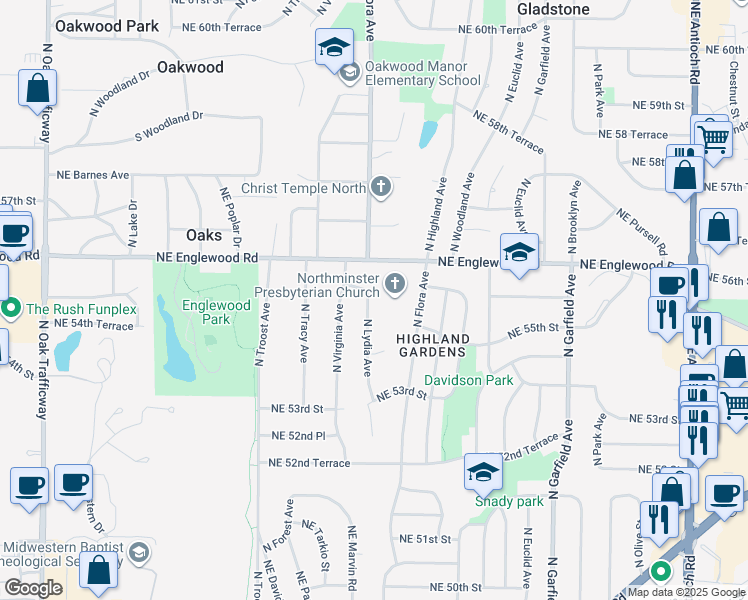 map of restaurants, bars, coffee shops, grocery stores, and more near 5430 North Lydia Avenue in Kansas City