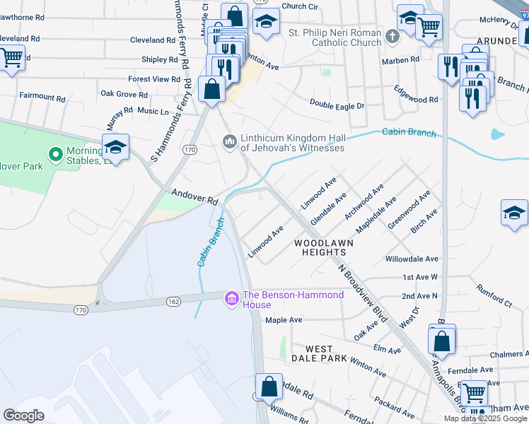 map of restaurants, bars, coffee shops, grocery stores, and more near 110 Forestdale Avenue in Glen Burnie