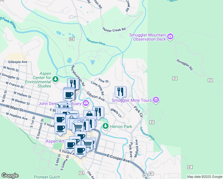 map of restaurants, bars, coffee shops, grocery stores, and more near 826 Vine Street in Aspen