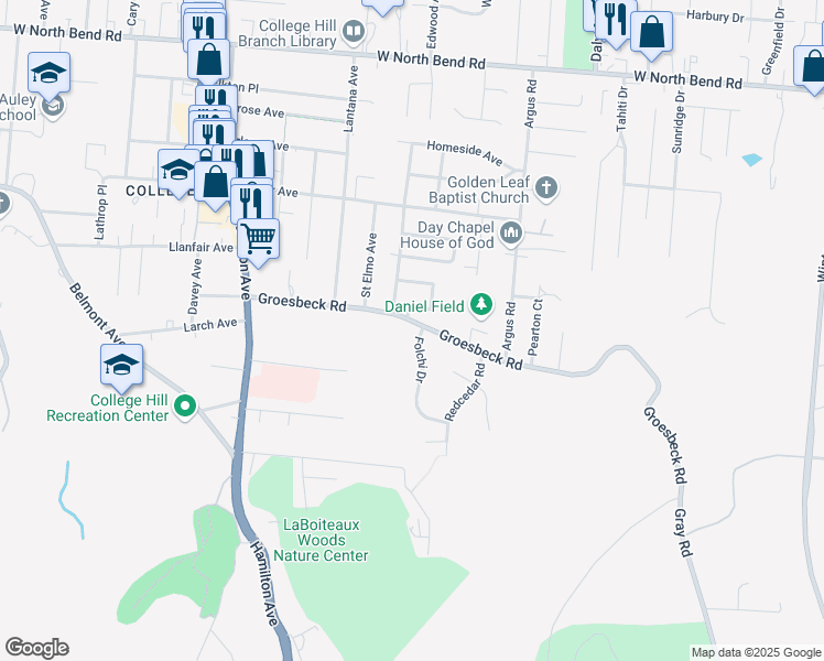 map of restaurants, bars, coffee shops, grocery stores, and more near 1200 Groesbeck Road in Cincinnati