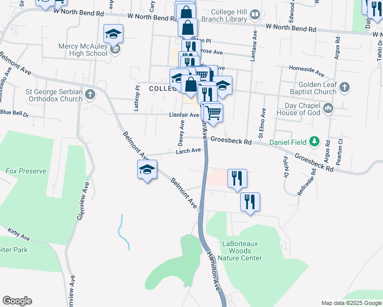 map of restaurants, bars, coffee shops, grocery stores, and more near 5716 Davey Avenue in Cincinnati