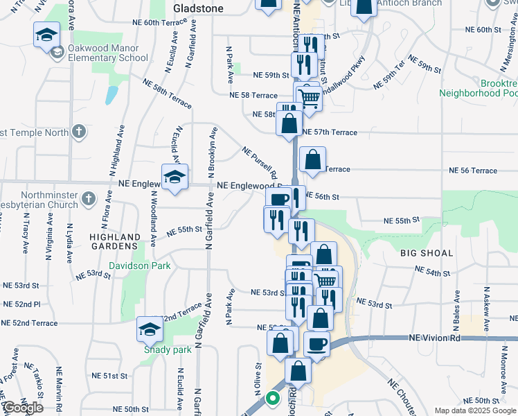 map of restaurants, bars, coffee shops, grocery stores, and more near 2303 Northeast Scandia Drive in Kansas City