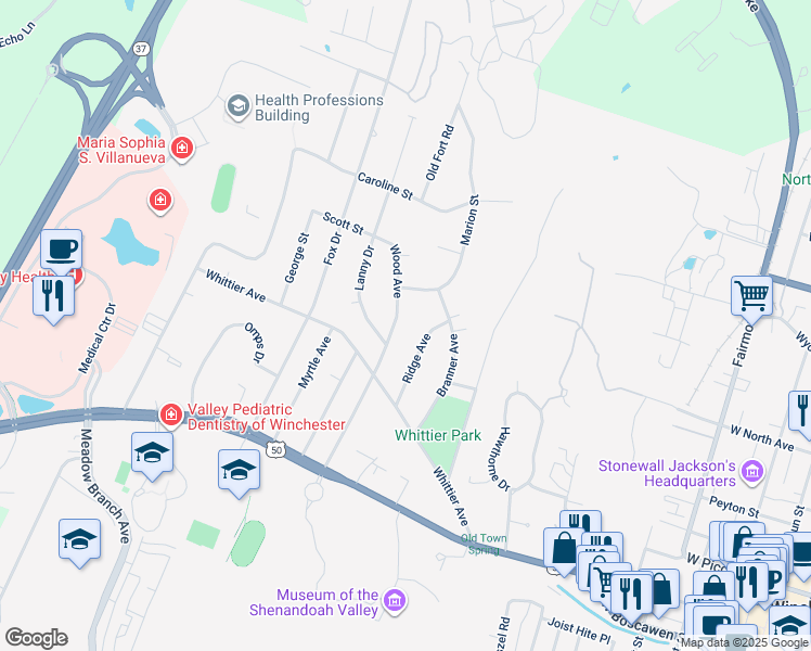 map of restaurants, bars, coffee shops, grocery stores, and more near 324 Wood Avenue in Winchester
