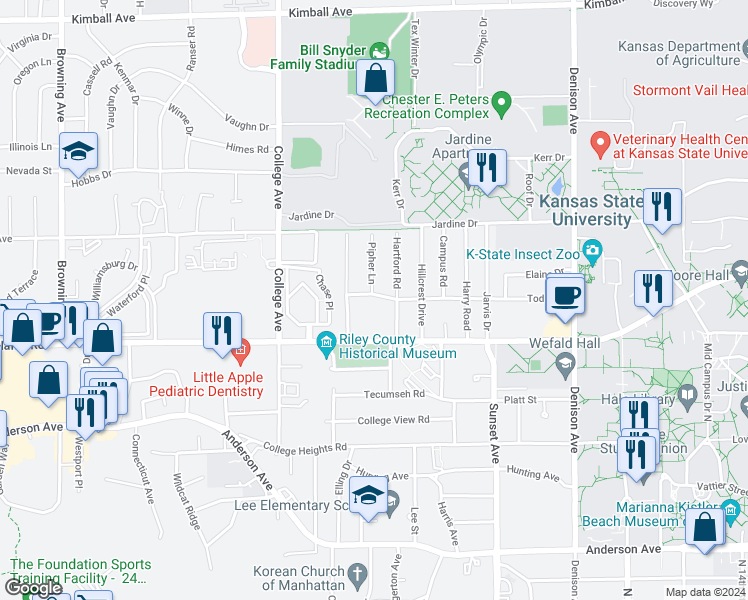 map of restaurants, bars, coffee shops, grocery stores, and more near 2209 Todd Road in Manhattan