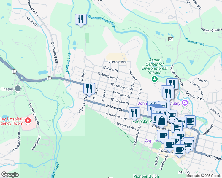 map of restaurants, bars, coffee shops, grocery stores, and more near 500 West Francis Street in Aspen