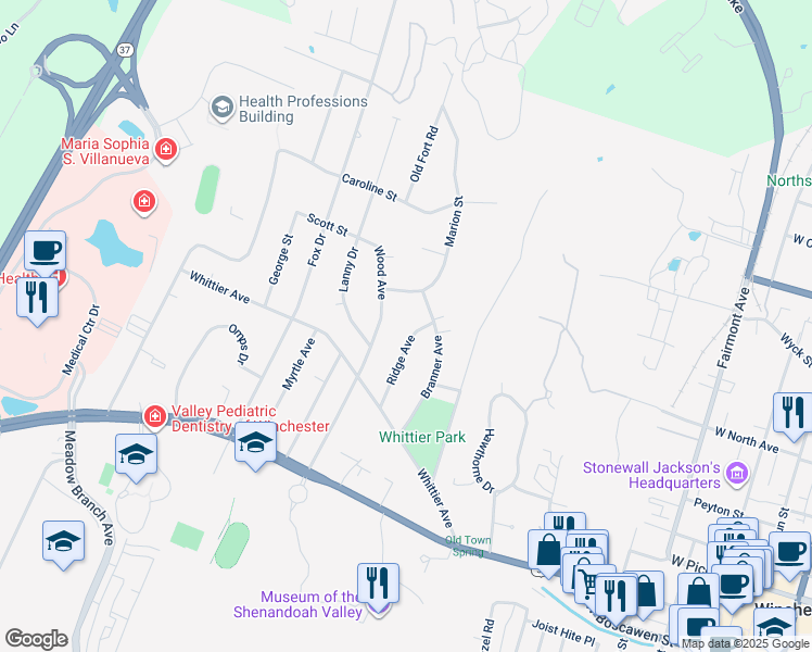 map of restaurants, bars, coffee shops, grocery stores, and more near 327 Ridge Avenue in Winchester