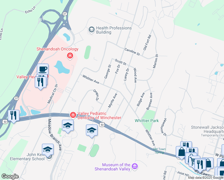 map of restaurants, bars, coffee shops, grocery stores, and more near 252 Fox Drive in Winchester