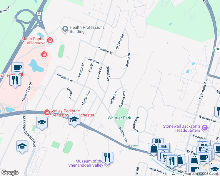 map of restaurants, bars, coffee shops, grocery stores, and more near 324 Wood Avenue in Winchester