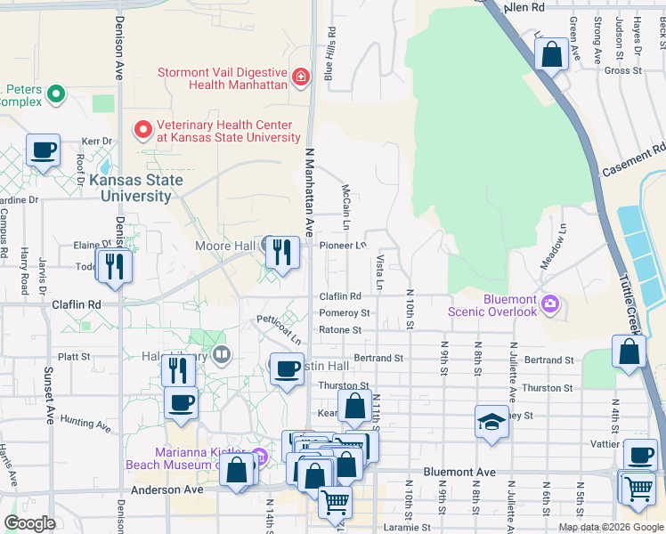 map of restaurants, bars, coffee shops, grocery stores, and more near 1431 Pioneer Lane in Manhattan