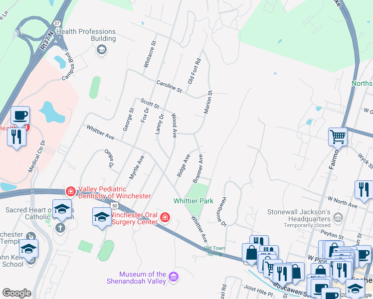 map of restaurants, bars, coffee shops, grocery stores, and more near 327 Ridge Avenue in Winchester