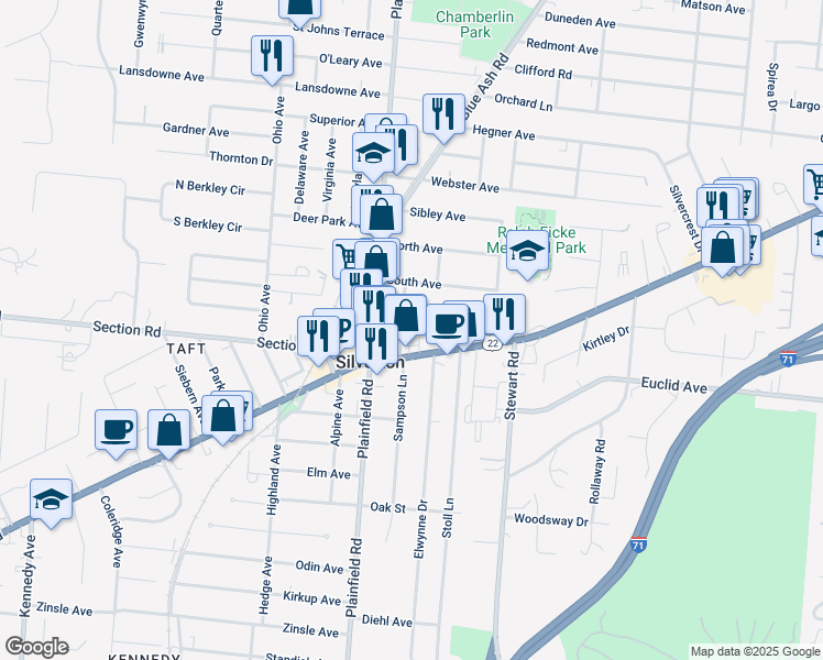 map of restaurants, bars, coffee shops, grocery stores, and more near 6926 Silverton Avenue in Cincinnati