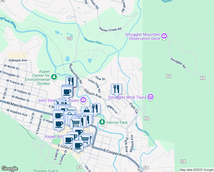 map of restaurants, bars, coffee shops, grocery stores, and more near 826 Vine Street in Aspen