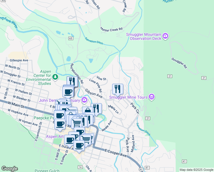 map of restaurants, bars, coffee shops, grocery stores, and more near 826 Vine Street in Aspen