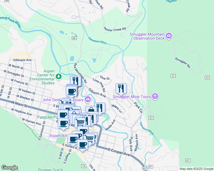 map of restaurants, bars, coffee shops, grocery stores, and more near 826 Vine Street in Aspen