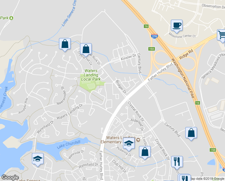 map of restaurants, bars, coffee shops, grocery stores, and more near 13074 Shadyside Ln in Germantown