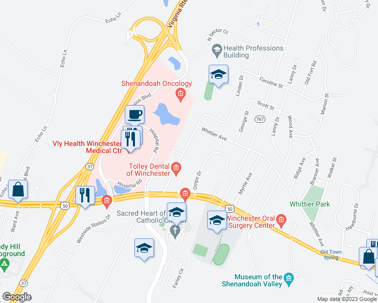 map of restaurants, bars, coffee shops, grocery stores, and more near 212 Linden Drive in Winchester