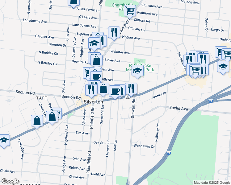 map of restaurants, bars, coffee shops, grocery stores, and more near 4162 Home Street in Cincinnati
