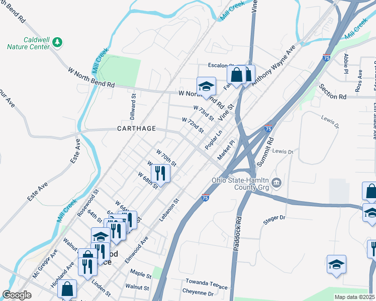 map of restaurants, bars, coffee shops, grocery stores, and more near 7111 Vine Street in Cincinnati