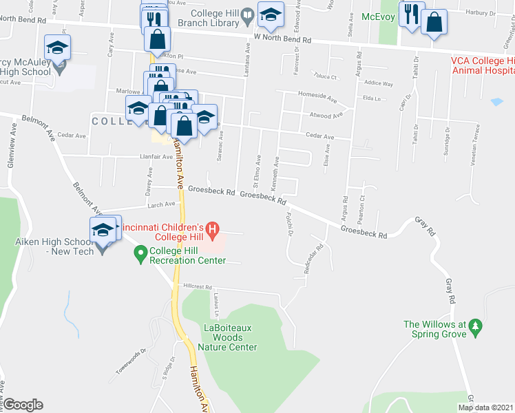 map of restaurants, bars, coffee shops, grocery stores, and more near 5481 Saint Elmo Avenue in Cincinnati