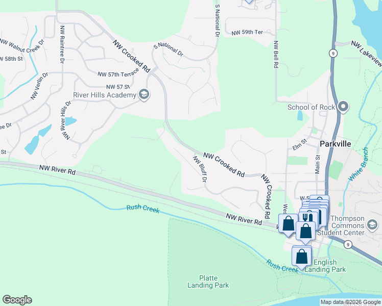 map of restaurants, bars, coffee shops, grocery stores, and more near 5317 Northwest Bluff Way in Parkville