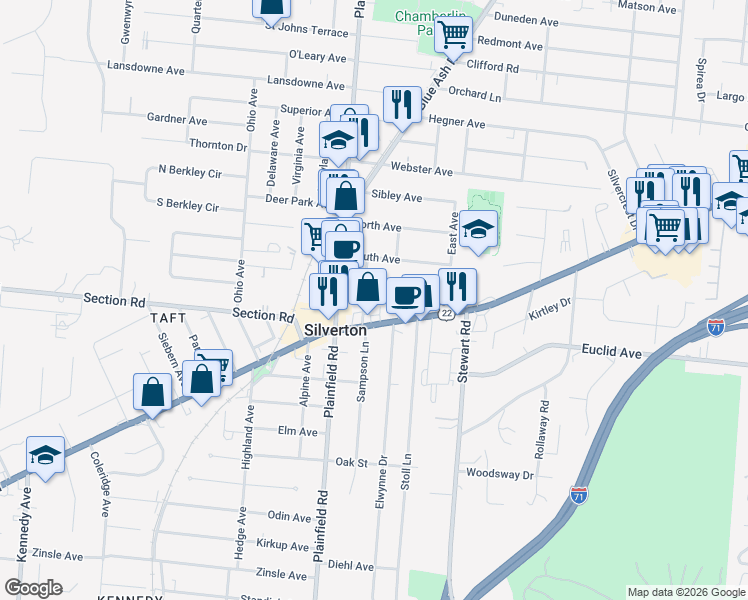 map of restaurants, bars, coffee shops, grocery stores, and more near 6940 Silverton Avenue in Cincinnati