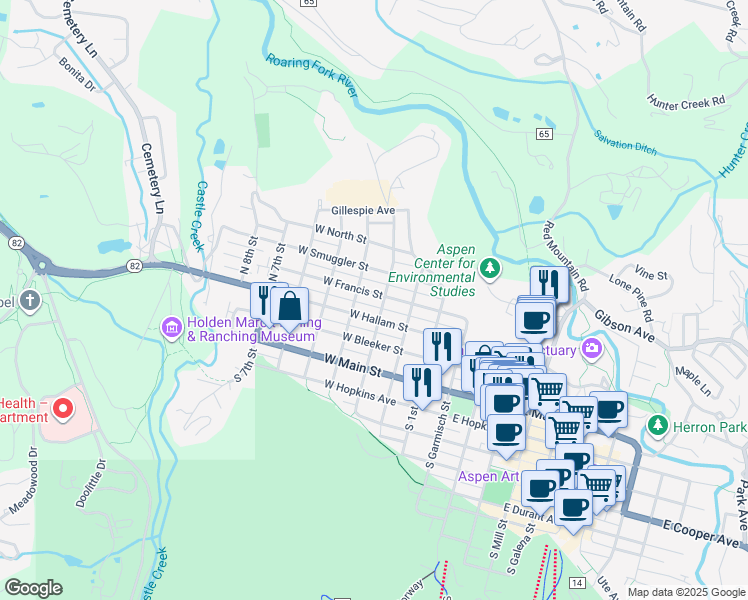 map of restaurants, bars, coffee shops, grocery stores, and more near 453-499 North 3rd Street in Aspen