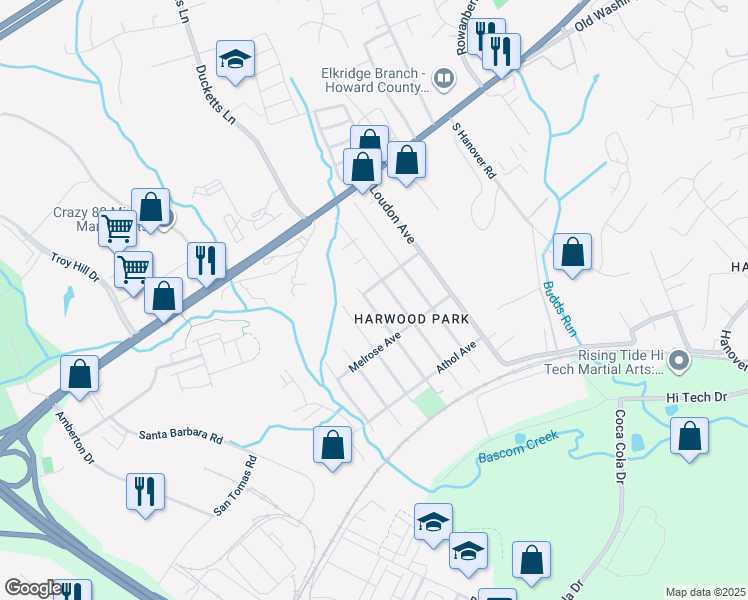 map of restaurants, bars, coffee shops, grocery stores, and more near 6377 Forest Avenue in Elkridge