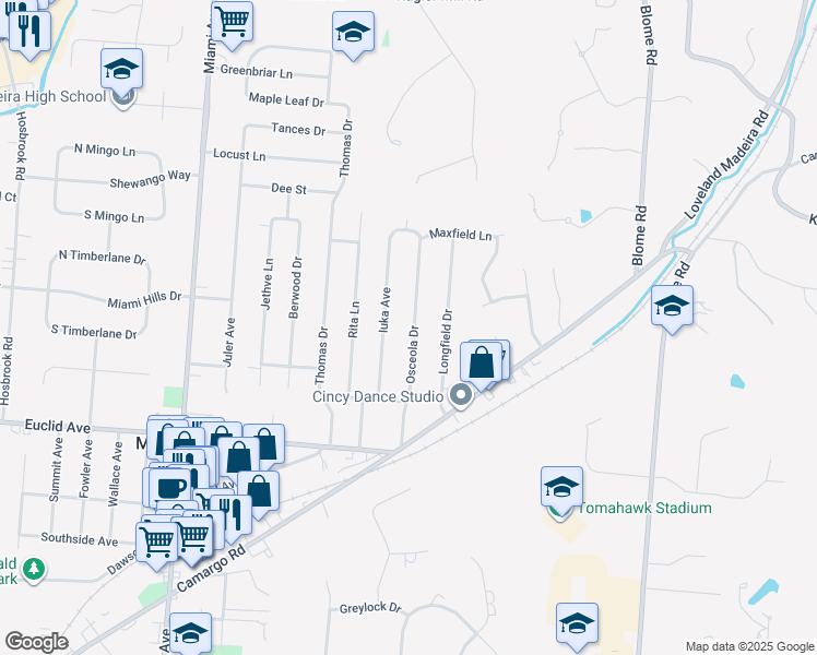 map of restaurants, bars, coffee shops, grocery stores, and more near 7303 Osceola Drive in Madeira
