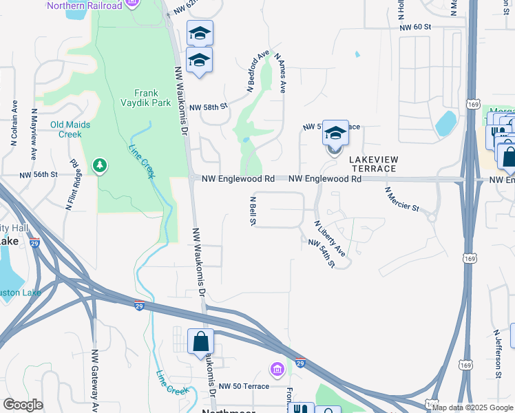 map of restaurants, bars, coffee shops, grocery stores, and more near 5512 North Bell Street in Kansas City