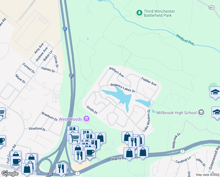 map of restaurants, bars, coffee shops, grocery stores, and more near Chamberlain Court in Winchester