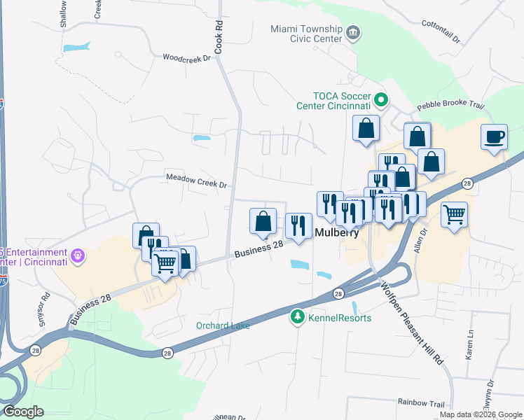 map of restaurants, bars, coffee shops, grocery stores, and more near 5896 Elm Street in Milford