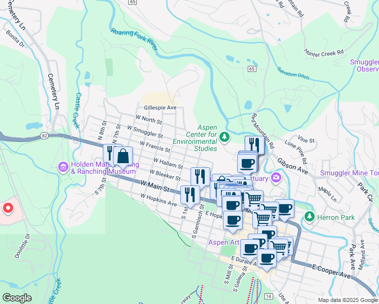 map of restaurants, bars, coffee shops, grocery stores, and more near 234 West Francis Street in Aspen