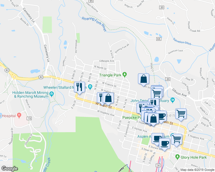 map of restaurants, bars, coffee shops, grocery stores, and more near 425 West Francis Street in Aspen