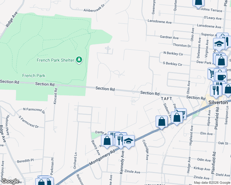 map of restaurants, bars, coffee shops, grocery stores, and more near 3510 Section Road in Amberley