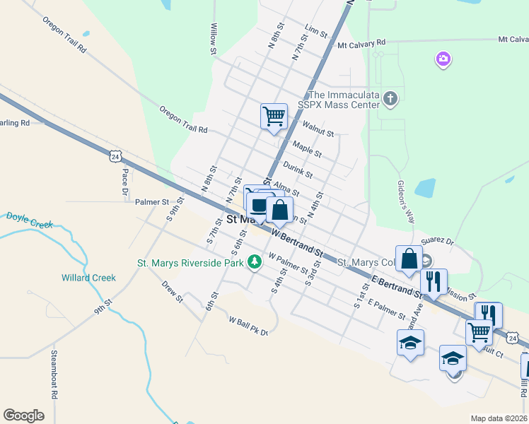 map of restaurants, bars, coffee shops, grocery stores, and more near 512-598 W Mission St in St Marys