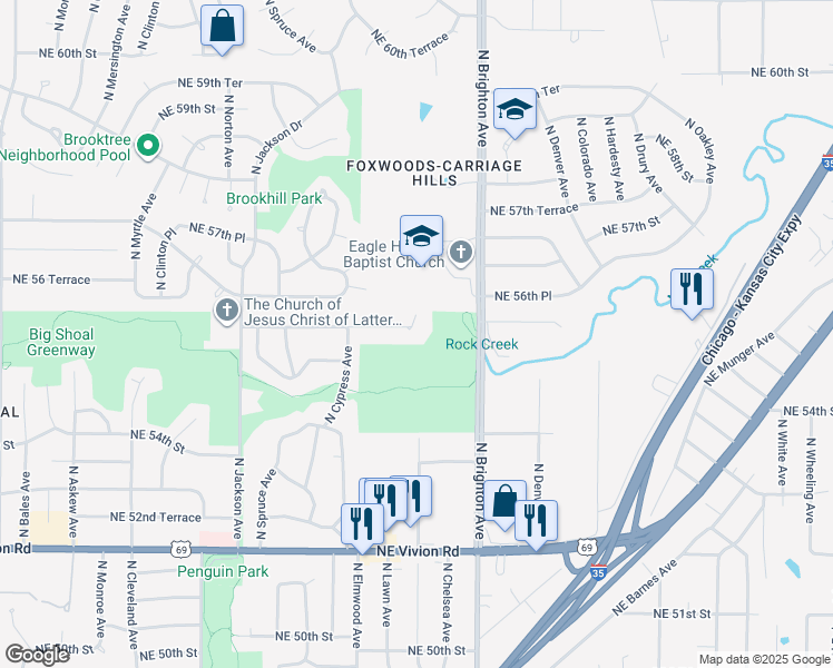 map of restaurants, bars, coffee shops, grocery stores, and more near 4555 Northeast 56th Street in Kansas City
