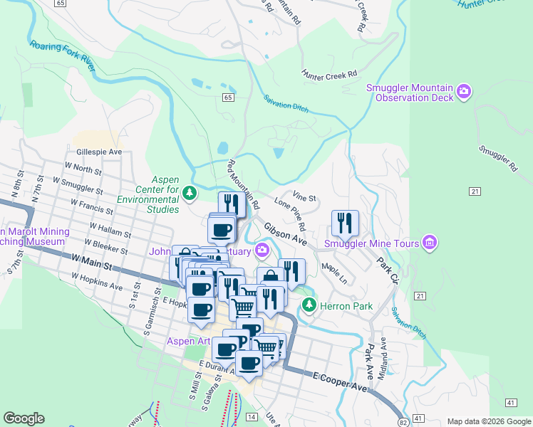 map of restaurants, bars, coffee shops, grocery stores, and more near 155 Lone Pine Road in Aspen