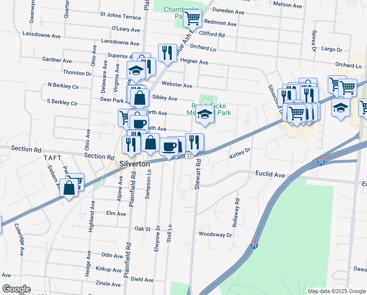 map of restaurants, bars, coffee shops, grocery stores, and more near 4243 South Avenue in Cincinnati