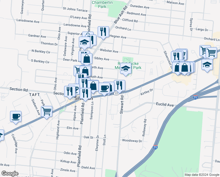 map of restaurants, bars, coffee shops, grocery stores, and more near 4243 South Avenue in Cincinnati