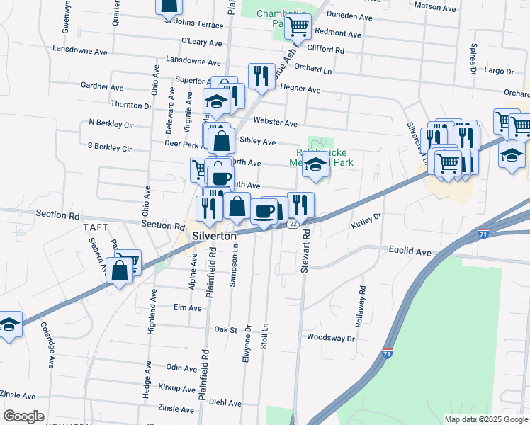map of restaurants, bars, coffee shops, grocery stores, and more near 4162 Home Street in Cincinnati
