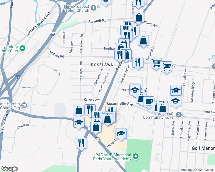 map of restaurants, bars, coffee shops, grocery stores, and more near 1620 Rosecliff Avenue in Cincinnati