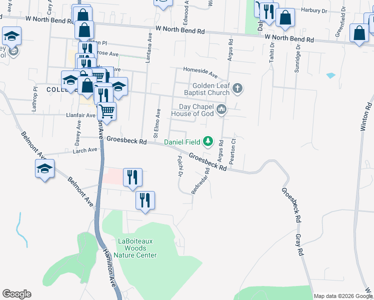 map of restaurants, bars, coffee shops, grocery stores, and more near 5710 North Way in Cincinnati