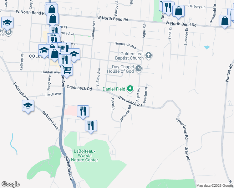map of restaurants, bars, coffee shops, grocery stores, and more near 5710 North Way in Cincinnati