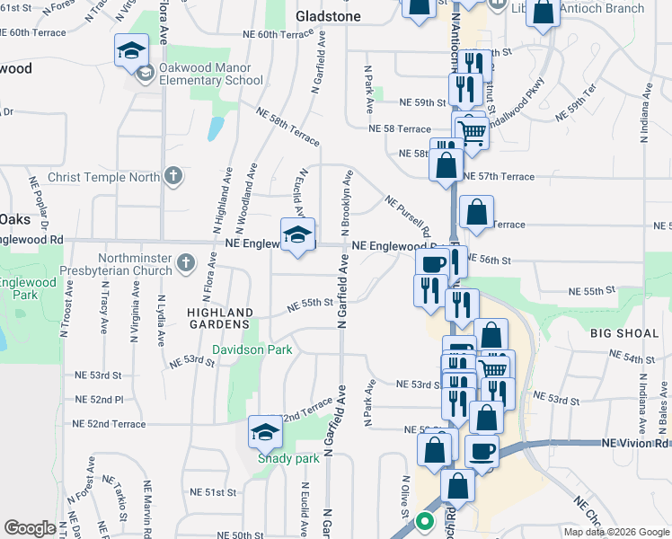 map of restaurants, bars, coffee shops, grocery stores, and more near 5554 North Garfield Avenue in Kansas City