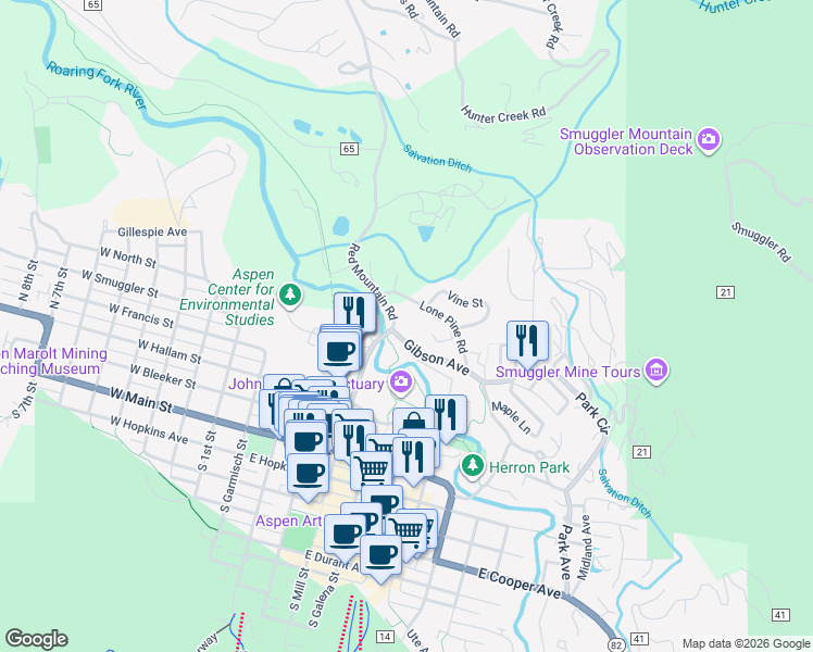 map of restaurants, bars, coffee shops, grocery stores, and more near 155 Lone Pine Road in Aspen