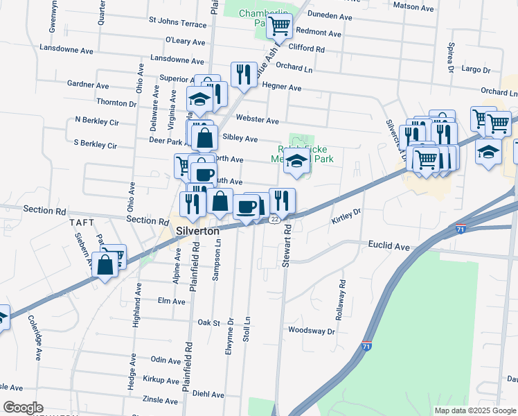 map of restaurants, bars, coffee shops, grocery stores, and more near 7421 Montgomery Road in Cincinnati
