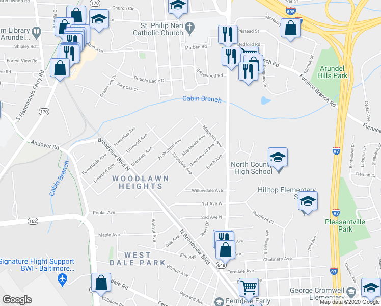 map of restaurants, bars, coffee shops, grocery stores, and more near 33 Mapledale Avenue in Glen Burnie