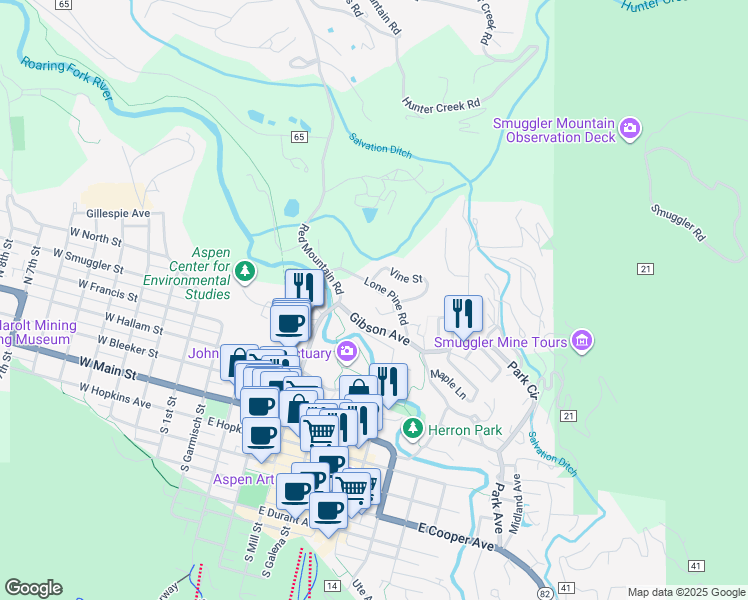 map of restaurants, bars, coffee shops, grocery stores, and more near 5 Lone Pine Road in Aspen
