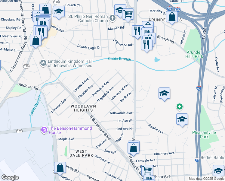 map of restaurants, bars, coffee shops, grocery stores, and more near 33 Mapledale Avenue in Glen Burnie